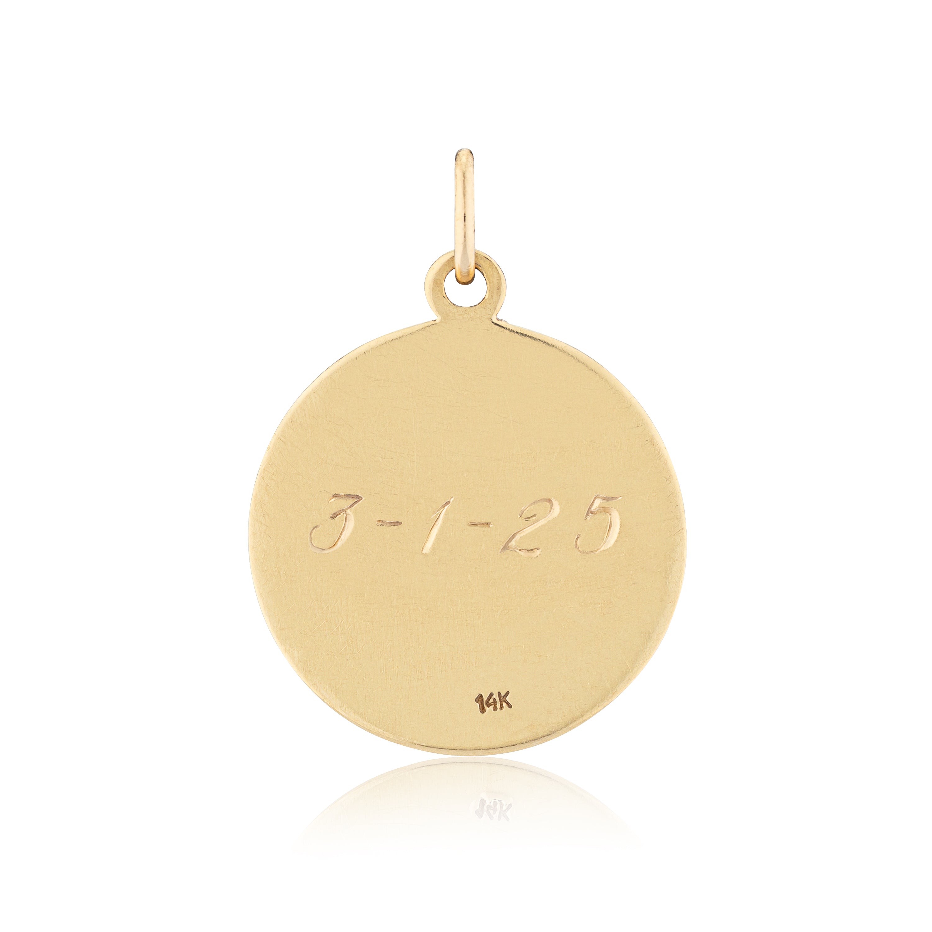 Gold pendant with engraved date '3-1-25' on a white background
