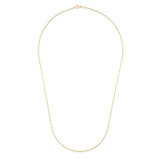 A delicate gold chain necklace arranged in an oval shape against a solid white background.