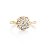 Gold ring with diamond cluster on a white background