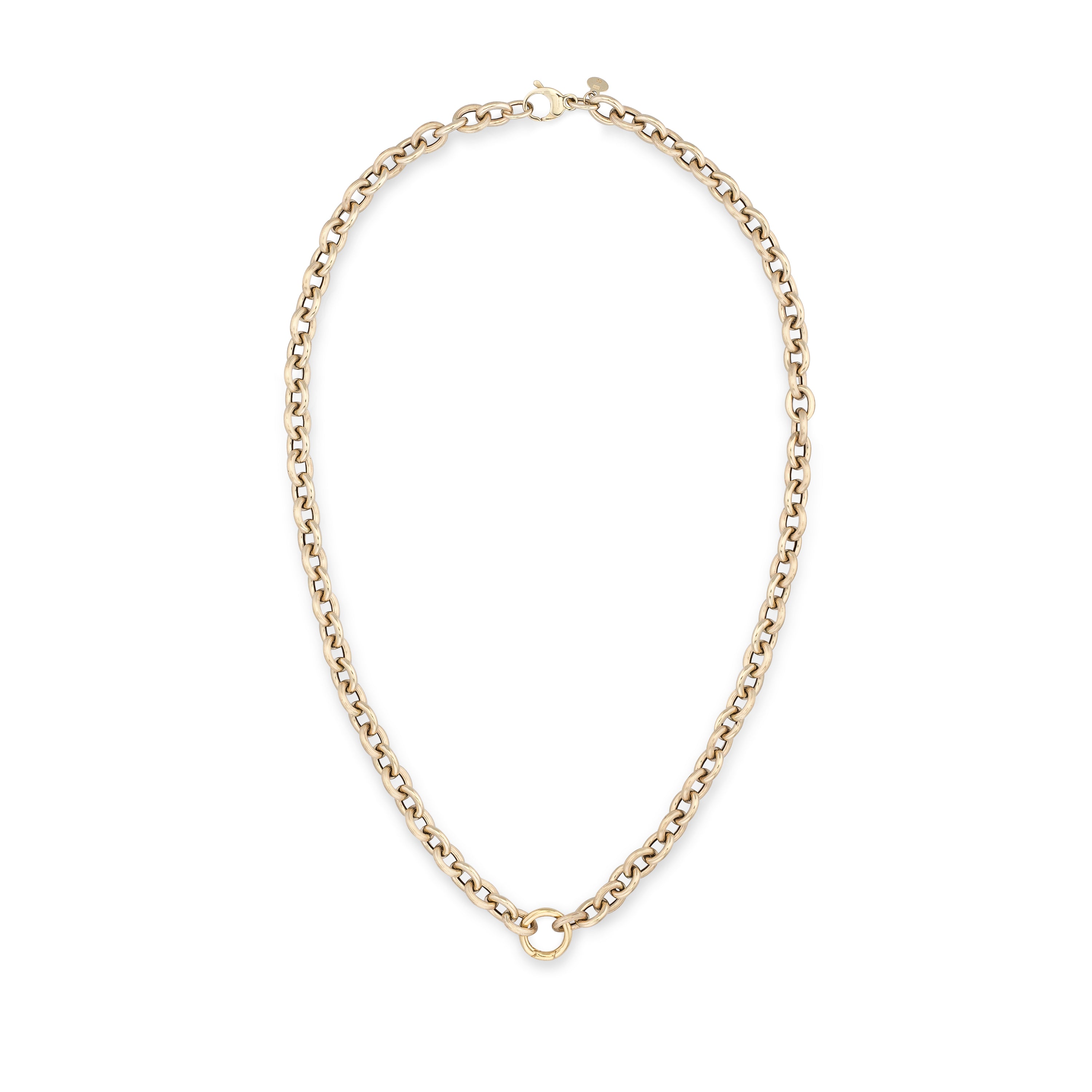 A delicate gold chain necklace with a small circular ring charm at the bottom center, displayed on a clean white background.