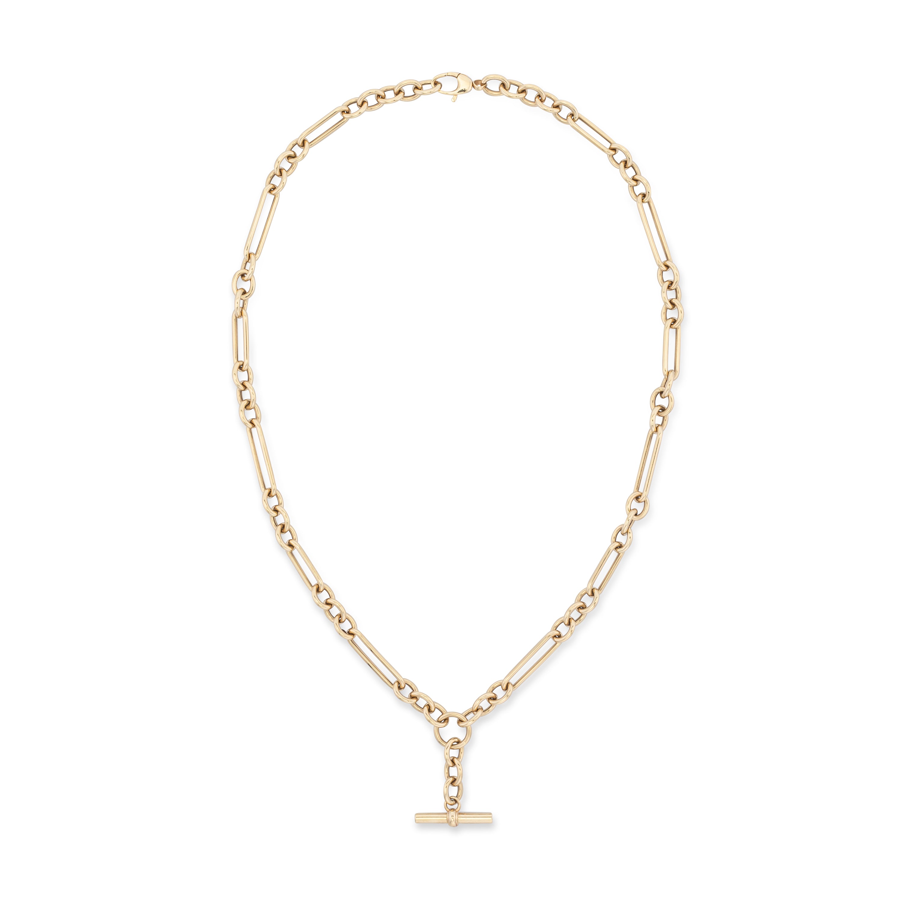 Gold chain necklace with a clasp on a white background