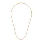 A delicate gold chain necklace with a small clasp, displayed in a curved loop shape against a plain white background.