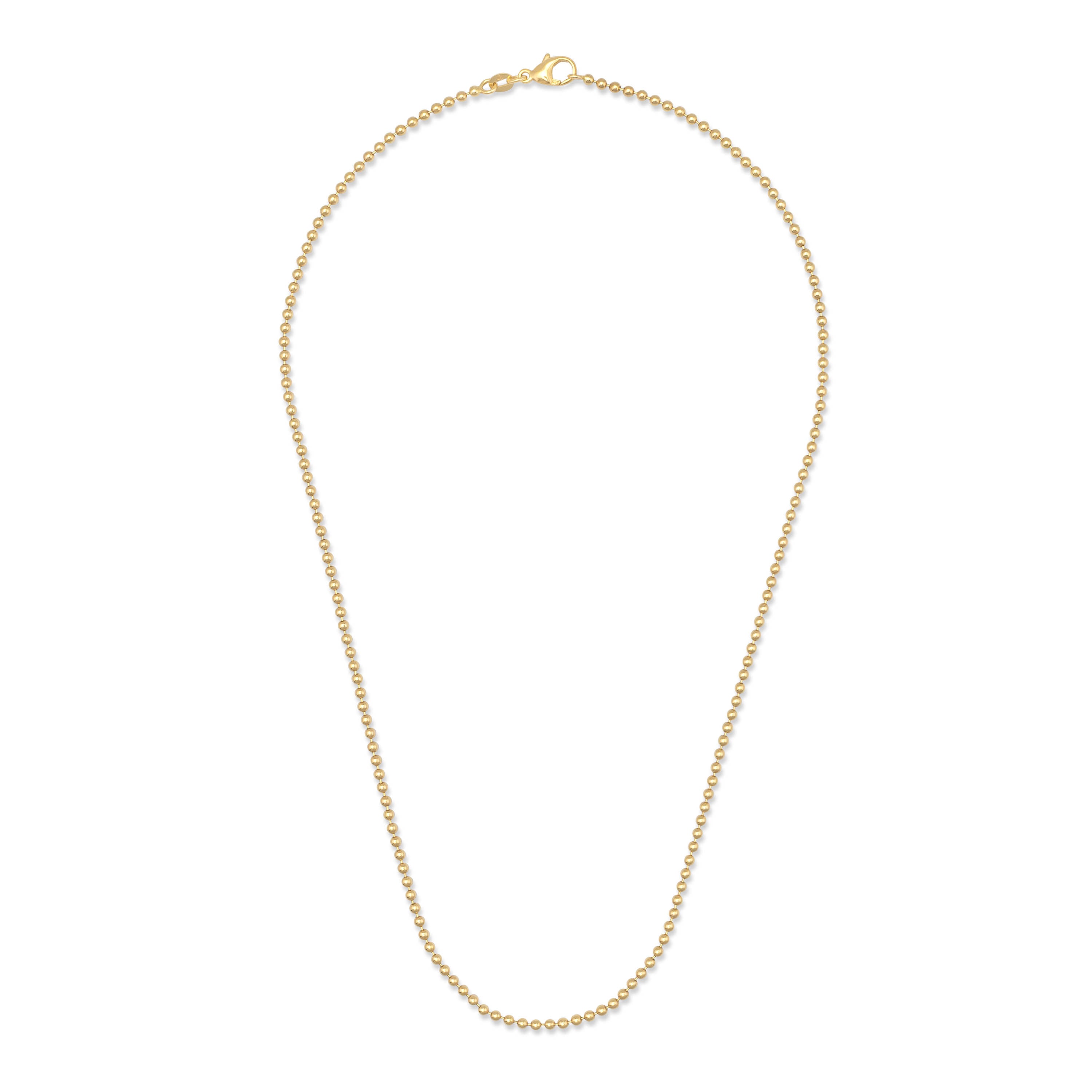A delicate gold chain necklace with a small clasp, displayed in a curved loop shape against a plain white background.