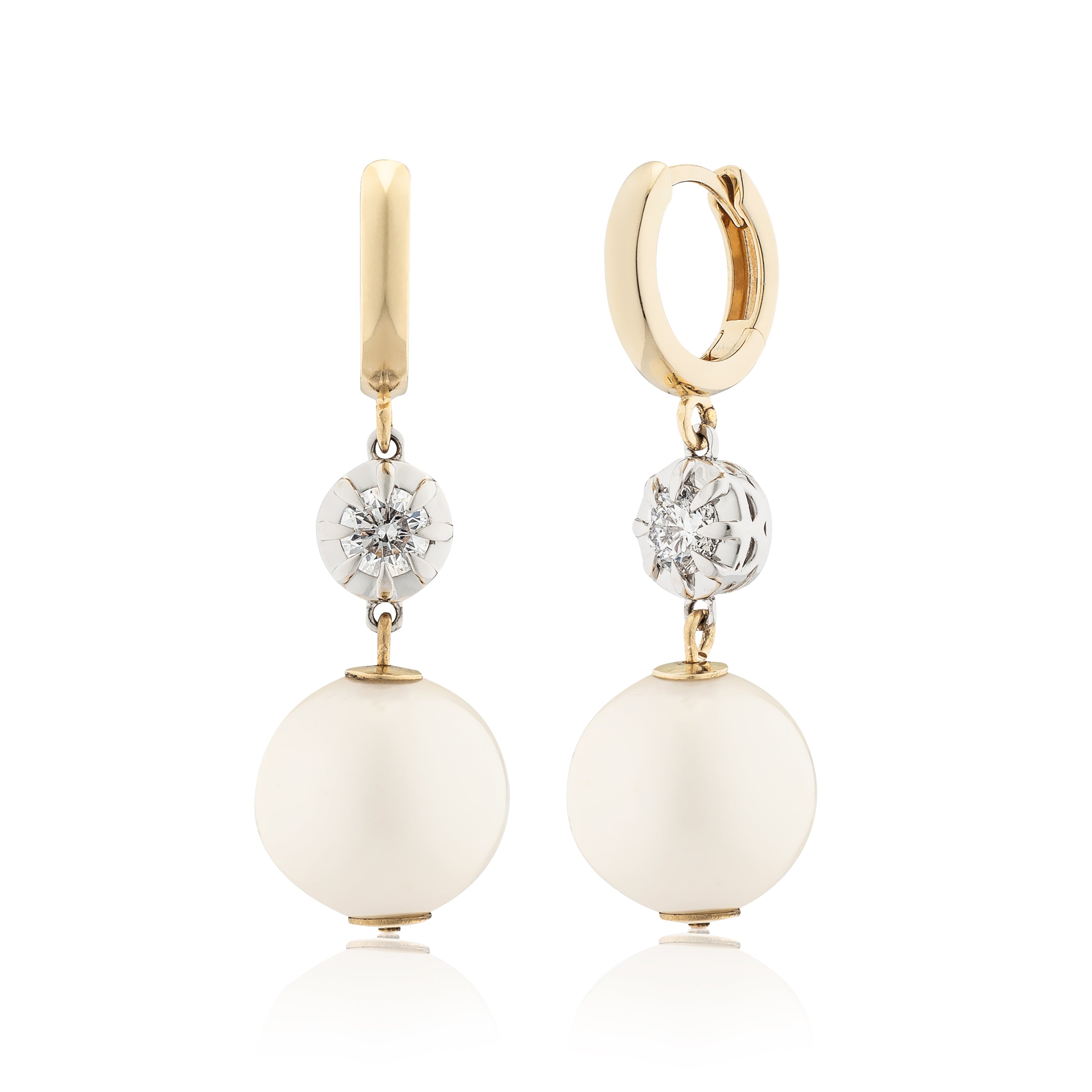 A pair of round white gold collet diamond and pearl earrings with a modern twist design.