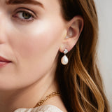 Diamond Collet 14K Gold Pearl Earrings